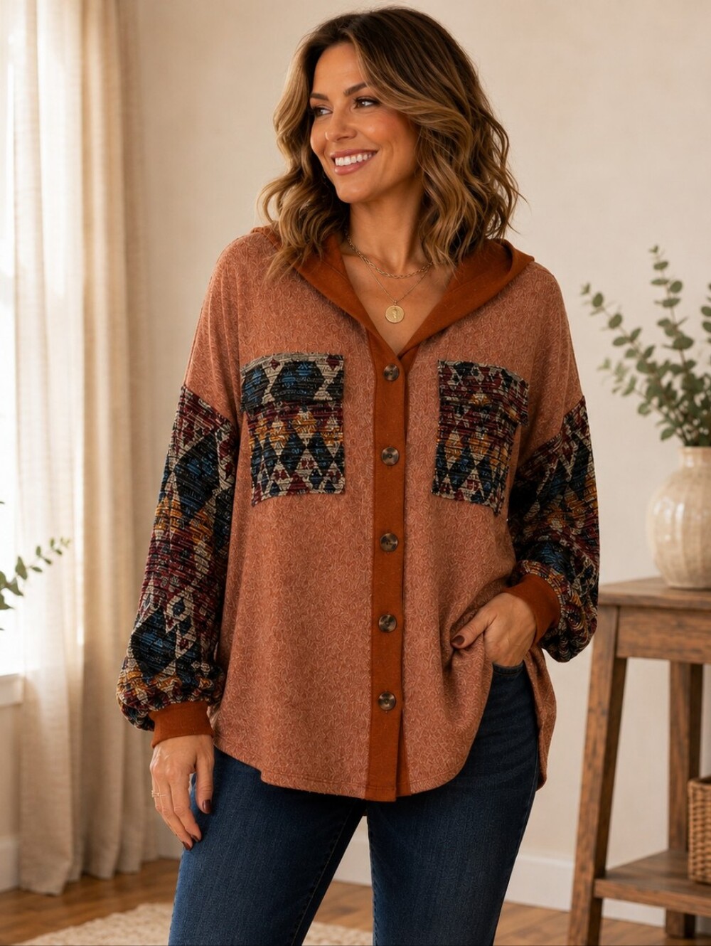 NWOT Rust and Orange Button Down Hooded Boho Shirt with Patchwork Design